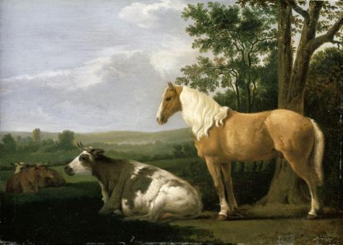 wonderingaesthetic: A Horse and Cows in a Landscape by Abraham van Calraet [Dutch Baroque Era Paint