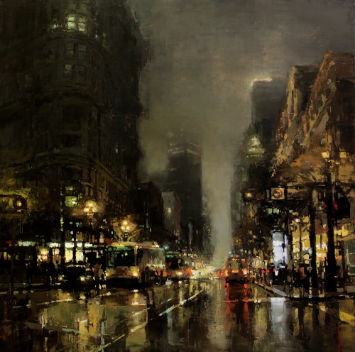 Jeremy Mann (American, b. 1979, Cleveland, Ohio, USA) - Crossing Market  Paintings: Oil on Panel