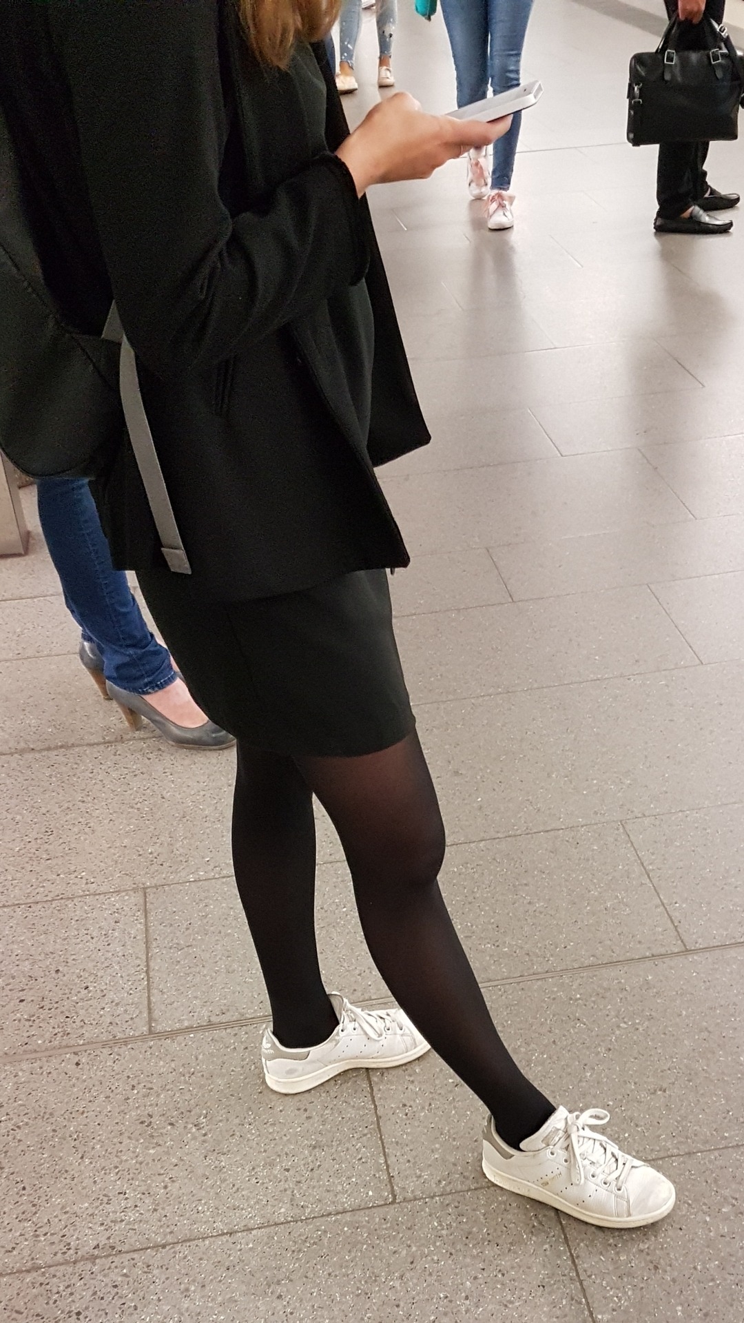 Black pantyhose and white sneakers, no socks, pantyhose feet straight ...