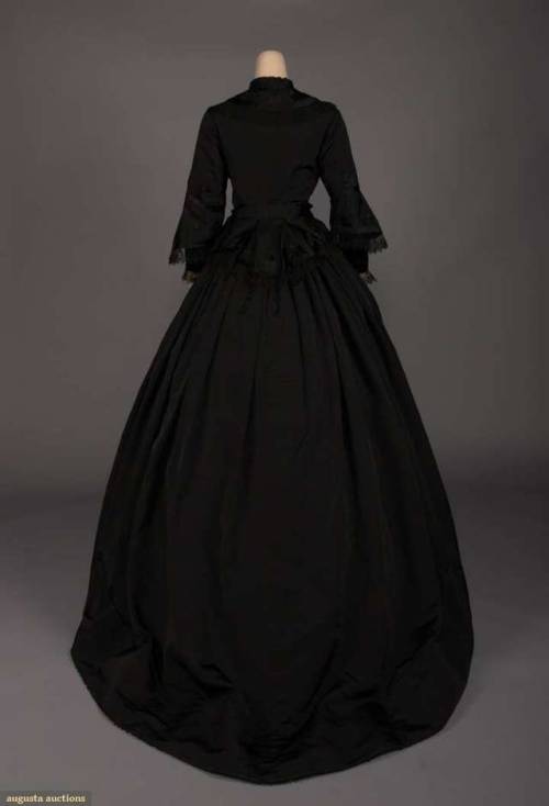 BLACK SILK MOURNING ENSEMBLE, 18601-pc black silk faille dress with band collar, hook & eye at c