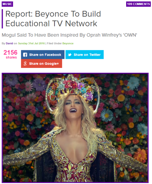 thingstolovefor:Unlike Oprah’s network, which broadcasts talk shows, soaps and sitcoms, Beyonce’s is