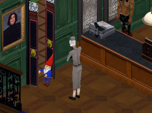 weirdsimsinhistory: LMAO a Gnome is doing squats by the door and Mrs. Crumplebottom can’t get out ha