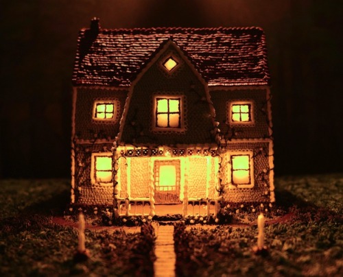 archiemcphee:  Los Angeles-based artist and baker Christine McConnell meticulously recreated her parents’ house using German chocolate cake, complete with flickering lights in the windows.  “The foundation of the house is made out of layer upon