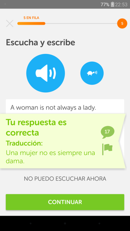 wtfduolingo:[Image transcription: “A woman is not always a lady” which translates to &ld