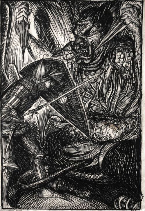 wrath-from-the-unknown:   Edmund Joseph Sullivan - Christian Fighteth Apollyon, 1901  
