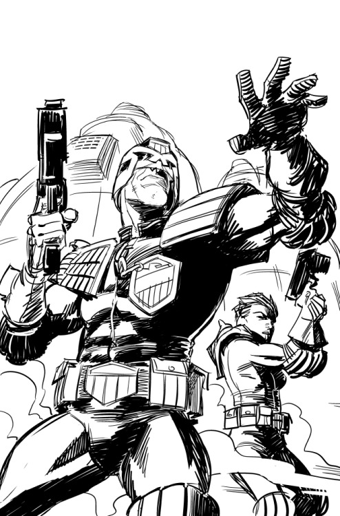 Judge Dredd Megazine 349 cover process - the original sketch gave prominence to Dredd but editorial 