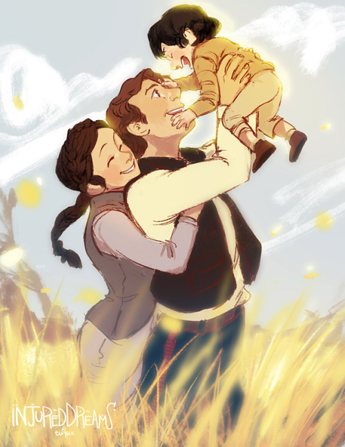 injureddreams:  “We were happy..once”  Something that I doodled earlier this week. I like to imagine the Solo family taking escapade trips to random planets in order to catch a semblance of peace and normality. I bet those where Han’s favorite
