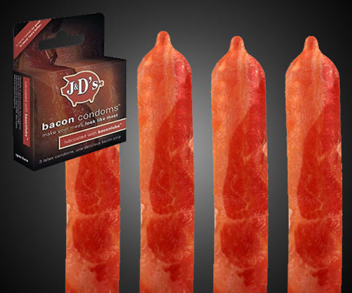 Bacon Flavoured Condoms! Put the meat in your mouth and taste the salty goodness…