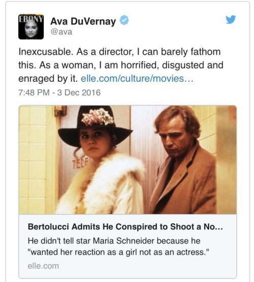 communistcoppola:  naamahdarling:  seventeeneblack: Celebrities react to the director of Last Tango in Paris admitting that the rape scene in the film was real. The actress, Maria Schneider was 19 and raped by a 48 year old Marlon Brando. Bertolucci,