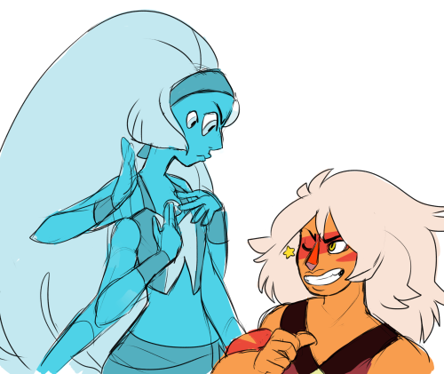 crimpeekodraws:  OPAL IS A POPULAR FUSION PROMPTThis time with Lapis (Larimar) and Jasper! (Sunstone)  <3 <3 <3