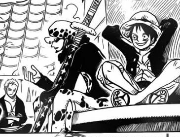 misslockette:   I love how while Law is explaining their battle plan to the crew, Luffy is excitedly planning the best pirate slumber party EVER.  “omg Traffy we’re gonna stay up late, swapping manly stories, and in the morning-  SANJI’S MAKIN’