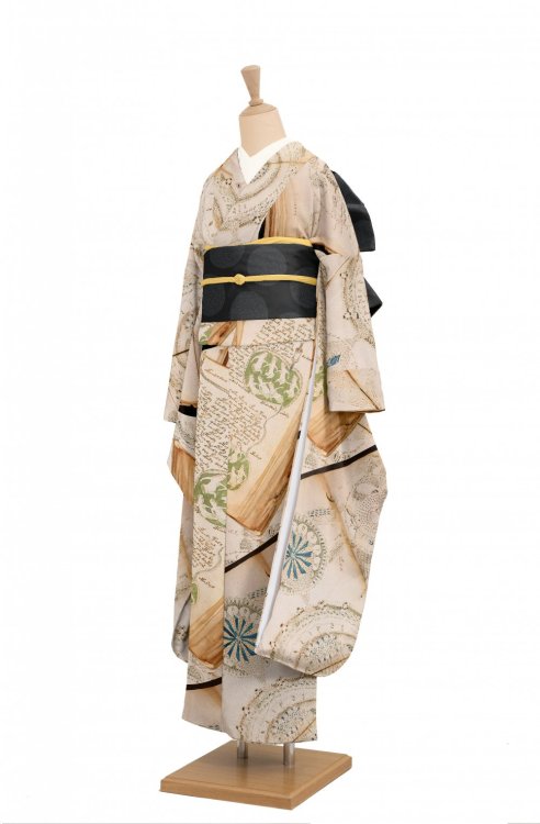Voynich manuscript printed furisode and obi (other version) by Gofukuya (my history nerd heart goes 