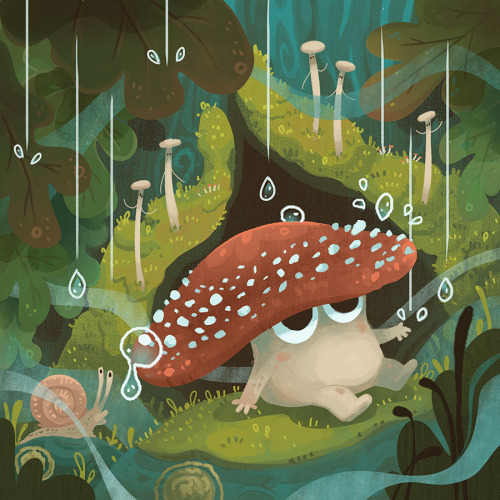 Raindrops making their way down to the forest floor, and our mushroom friend isn’t so sure about it.