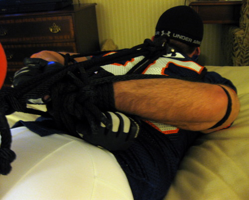 Sex bondagejock:  Hogtied in football, from multiple pictures
