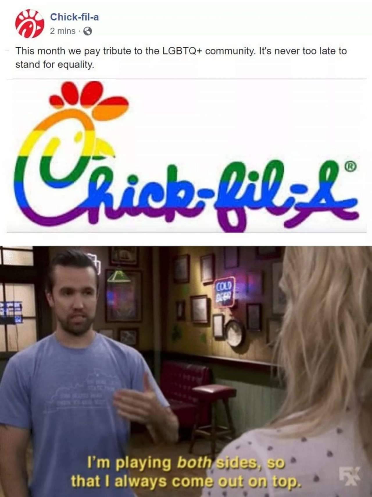 feminismandmedia: Chick-fil-A in June: how do you do fellow gays? We love the gays.