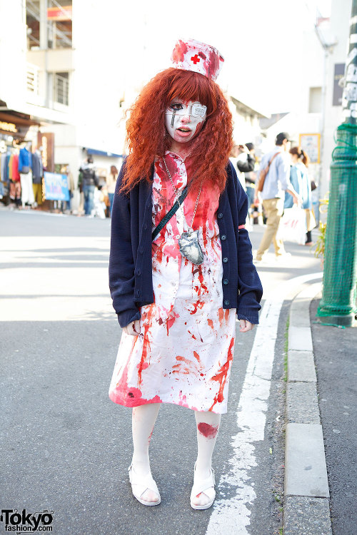 Japanese shironuri nurse on her way to the “White Face Monster Party” in Harajuku.