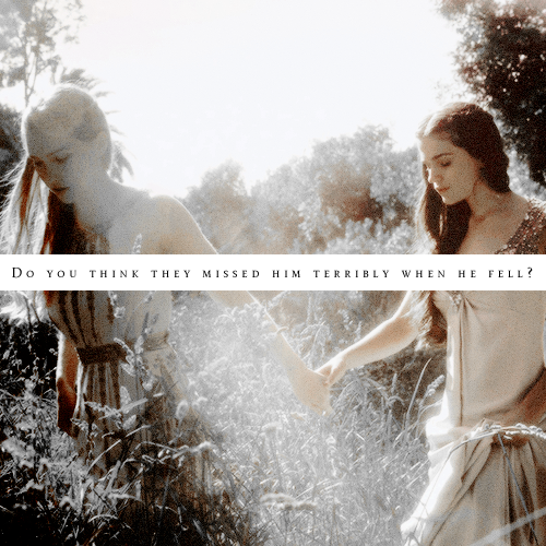 minfarshaw: She cocks her head to one side.”Do you think they missed him terribly when he fell? Did God cry over his lost angel, I wonder?”  ”I don’t know,“ I say 