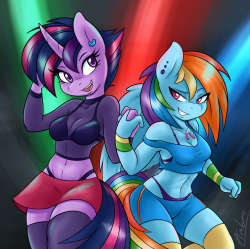 ambris:More commission work. This time, Twilight and Rainbow at a rave, in appropriate attire. Disclaimer: I’ve never been to a rave. This might not be appropriate attire. It was however, fun to draw.&lt;3