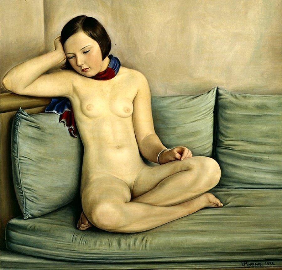 huariqueje:  A nude girl sitting on the couch.- François-Emile Barraud 1930’s