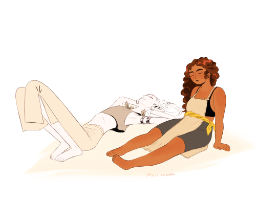 Some indulgent summer fashion drawings on Paradise Island.Fern and Gilly lounging, and Garival and L