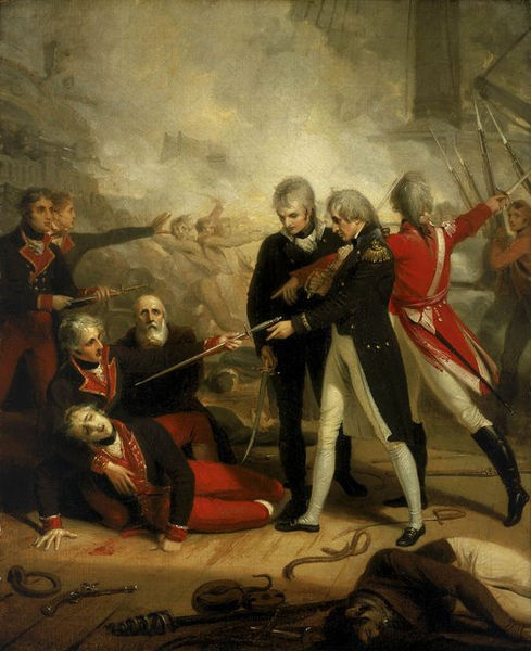 Horatio Nelson accepts the surrender of the San Nicholas.Painted by Richard Westfall, 1806.