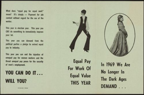 One side of a pamphlet demanding equal pay for women, and suggesting that a judicious vote in the ge