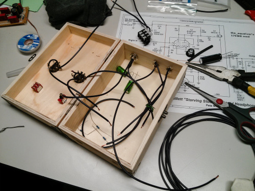 cassist:  Starving Student Millett Hybrid! Aside from the wire-hell that is the insides of this amp, I think this went pretty well. I only grabbed the soldering iron with my bare hands twice by accident. All jokes aside (although I really did grab it