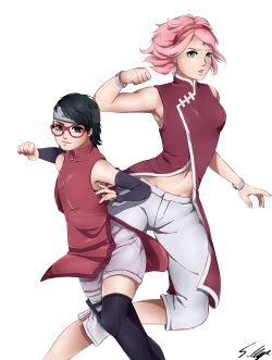 blackmenges:  Mother and Daughter  I wanted to draw a piece with Sakura and Sarada since forever!  I’m so proud of Sakura for being such a good mother. It always hits me in the feels when I think about it. She has been my favorite since I was little