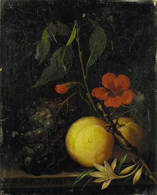 Circle of Johann Nepomuk Mayrhofer (1764–1832)Grapes, peaches and a nasturtium, with a moth on a led