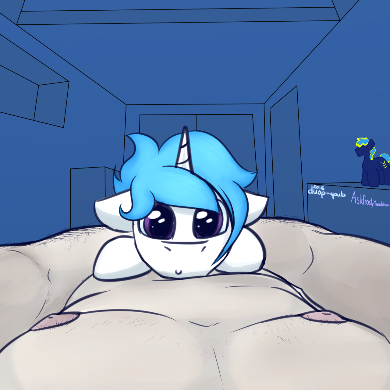 askfrosty:- Wag wag - A cute little white pony is laying on your chest looking up