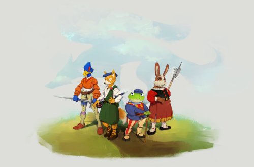 Here’s some AU/costumed StarFox fan-art. Added the line up and rough, thinking sketches too ( I eras