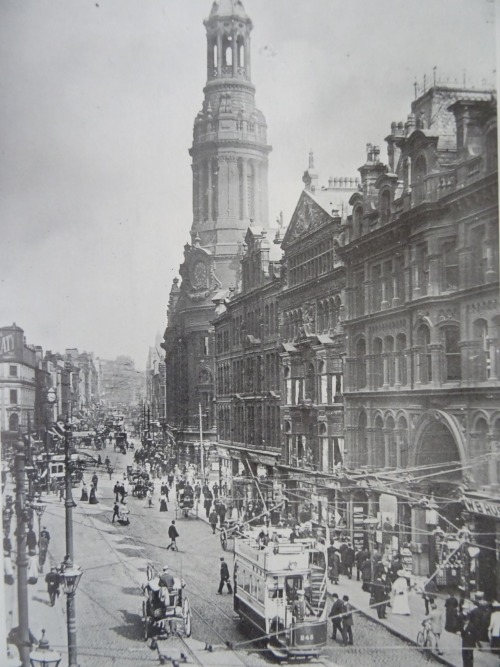 Looking up Market St / St Mary&rsquo;s Gate from Deansgate, Manchester Unknown year (probably early 