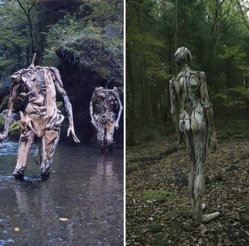 electrifiedshitfuck: sixpenceee: Driftwood figures roaming the forest. By Japanese artist, Nagato Iw