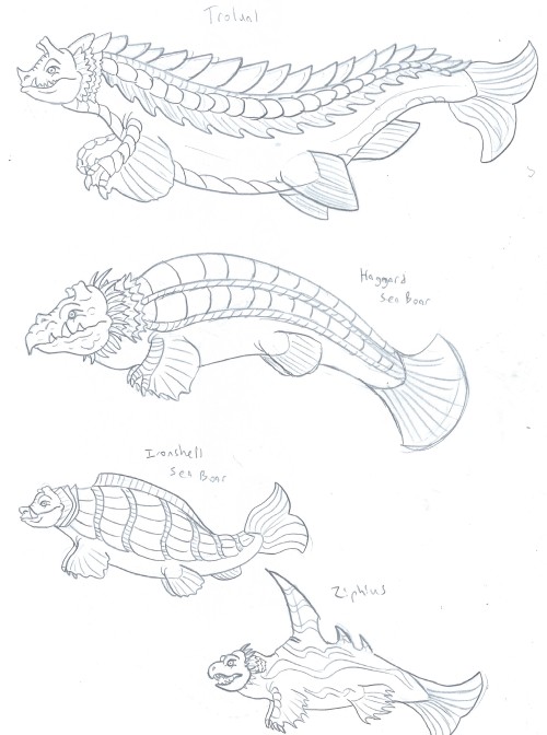 tyrantisterror:Sea Boars Monstrous fish that swim the wide open oceans surrounding Midgaheim, sea bo