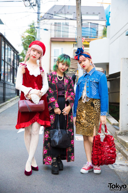 Koume, Haruka, and Rizna on the street in Harajuku wearing colorful vintage fashion along with items