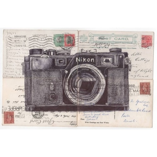 markpowellartist:  ‘Blinking eyes write stories’ bic biro on antique postcards #art #illustration #bic #biro #ballpoint #pen #drawing #markpowell #artist #fineart #contemporaryart #antique #camera #postcards (at London, United Kingdom)