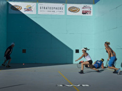 vegasimages:  3WB Racquetball  World Championship - two great champions, Rhonda Rajstich and Paola Langoria in mixed doubles   I used to play a lot of raquetball back in the 80′s got to be an A player. 3 wall is even faster since you don’t have the