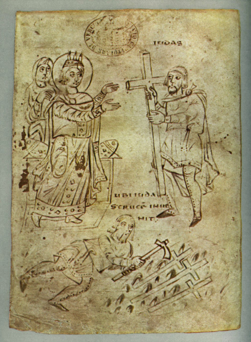 Finding of the true cross by St Helena. Illustration from MS CLXV, Biblioteca Capitolare, Vercelli, 