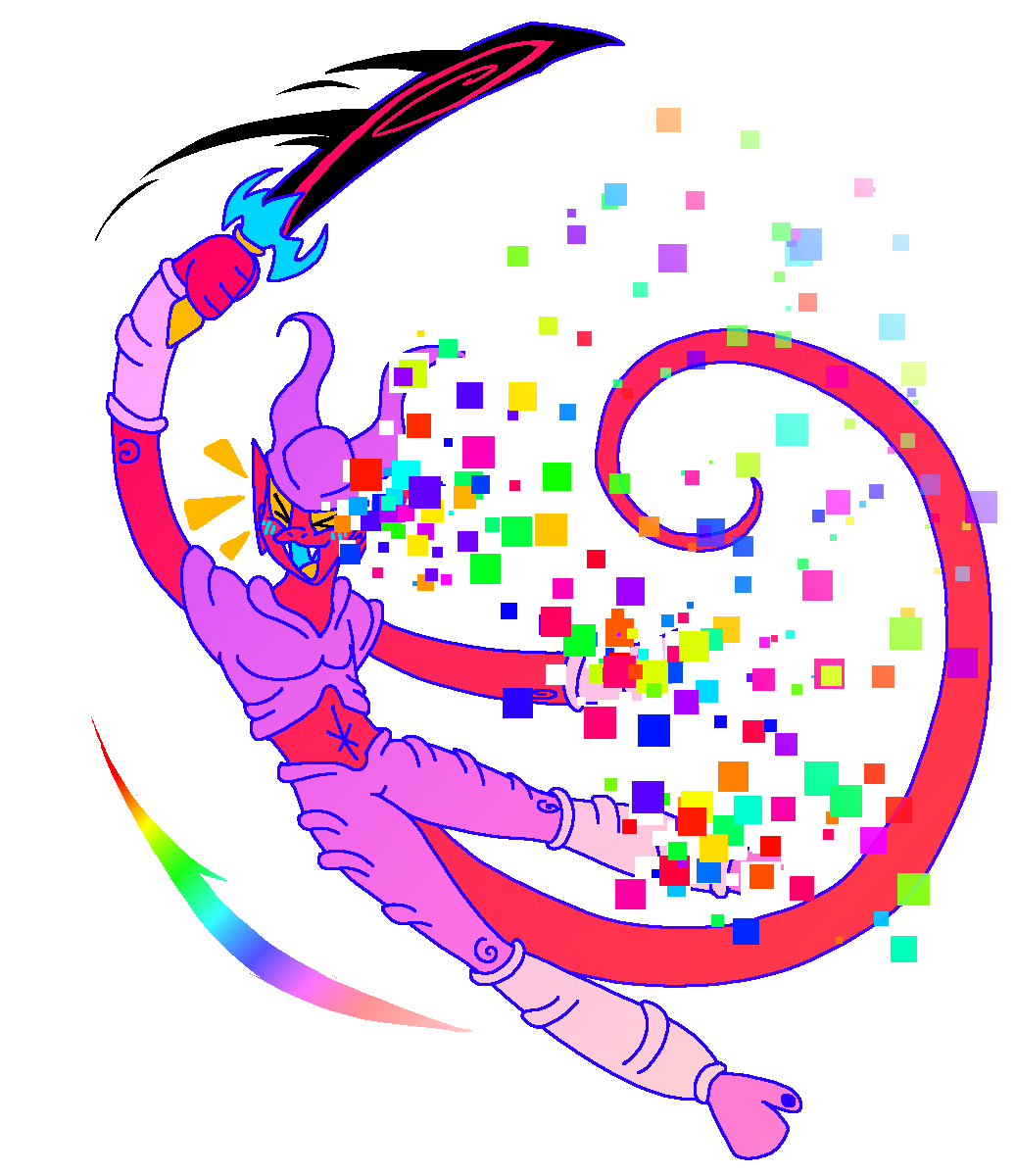 a very vibrantly colored image of janemba cheerfully swiping his sword upwards. the side of him fades into rainbow pixels.