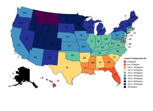 mapsontheweb:  Lowest temperature recorded in each U.S. state.Related: Highest temperature