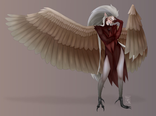 [id: a digital drawing of eda clawthorne in her harpy form. she is posing playfully, one hand shadow