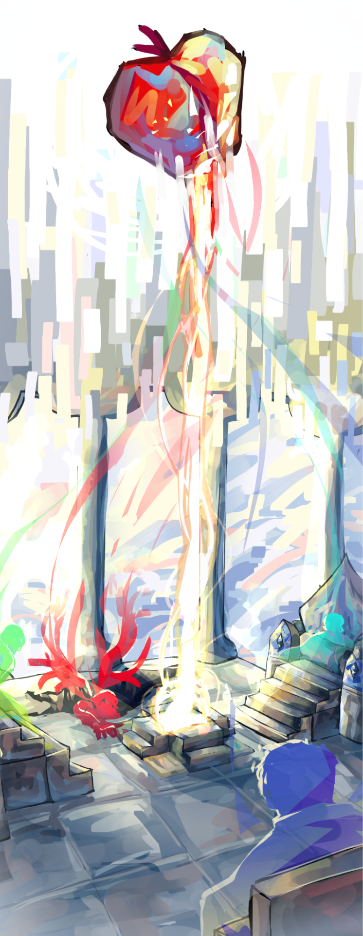 A digital drawing of the Council from the Slimecicle Cinematic Universe. They are sitting on their thrones high up on Molympus. The blue sky can be seen from the windows. Charlie and Condi have thrones of marble, while Bizly is sitting on a small wooden chair. Grizzly is clawing himself up from the dark pit that has replaced his throne. Above the scene floats a bright red apple. 