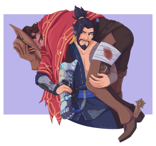 crocodiller: Self-indulgent drawing of Hanzo with McCree in a fireman’s carry