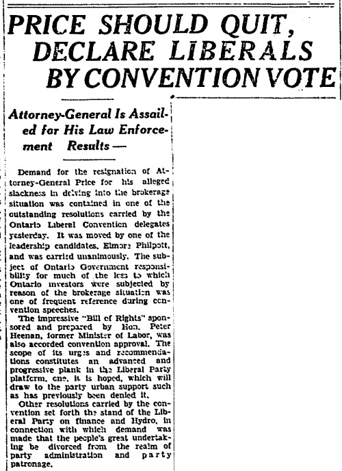 “Price Should Quit, Declare Liberals By Convention,” Toronto Globe. December 18, 1930. Page 01.&mdas