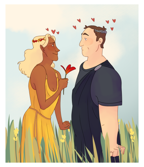 blueoceanarts: [ID: A fullcolor illustration of Lup and Barry as Persephone and Hades standing in an
