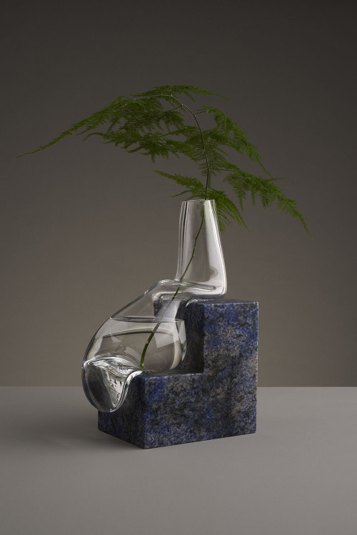 talkingtrashcan: taktophoto: Misshapen Glass Vases by Studio E.O Appear to Melt Atop Angular Stone P