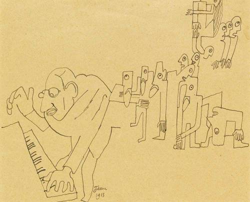 Caricature drawing of Igor Stravinsky playing the music for The Rite of Spring. Jean Cocteau, 1913.