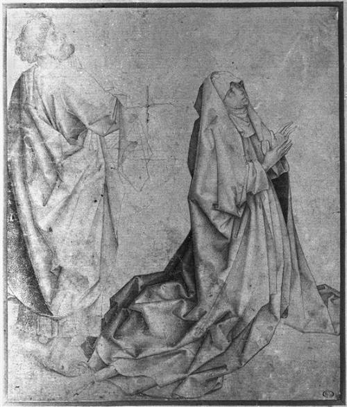 artist-weyden: The Virgin kneeling and praying behind St. Peter, Rogier Van Der Weyden