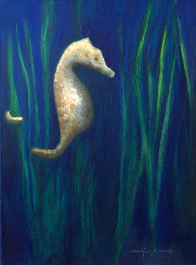 SEAHORSE
9" x 12" x 7/8", oil on museum quality panel
2014
Seahorses are so much fun to watch in action as they stabilize themselves by wrapping their tails around the tall grasses and even around each other. This is another painting inspired by my...