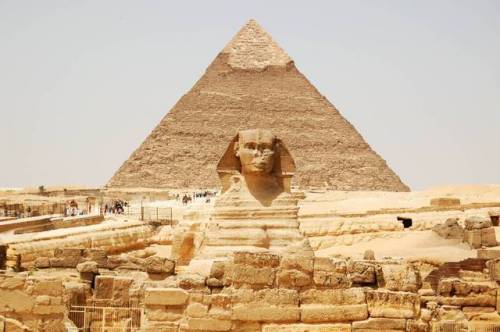 The Great Sphinx with the Pyramid of Khafra behind at Giza.